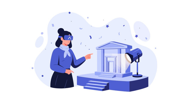 Woman exploring virtual reality museum exhibit with VR headset and spotlight on architectural model