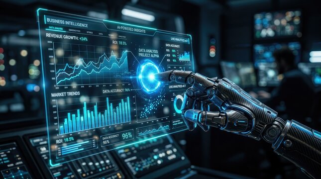 A robotic arm interacts with a holographic display showcasing complex financial data.