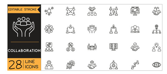Fototapeta premium Collaboration icons set. Includes icons for teamwork, communication, productivity, partnerships, sharing, and project management. Editable stroke. Line icons. Perfect for apps and infographics. 