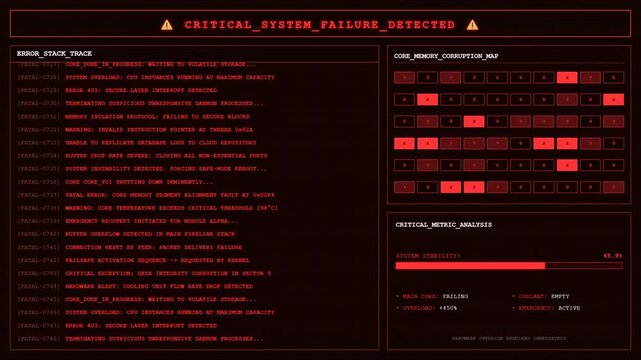 Critical System Failure Error Stack Trace Alert Dashboard Screen.