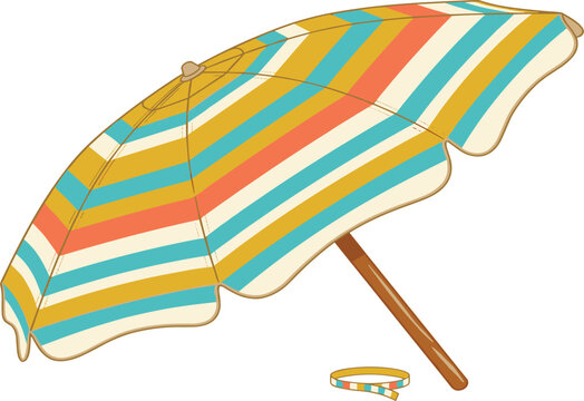 Colorful retro beach umbrella vector illustration sketch, open bright striped sunshade parasol template for summer holiday vacation design