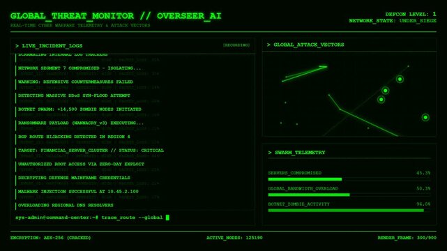Global Cyber Warfare Threat Monitor Hacking Attack Dashboard Screen.