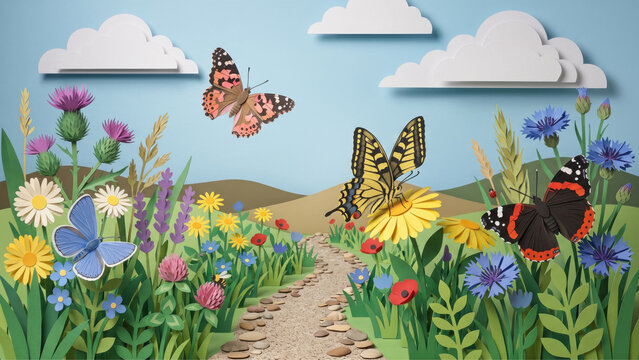 A 3D instruction paper illustration of a dirt path winding through a vibrant wildflower meadow, with colorful butterflies fluttering under a bright sky with layered clouds.