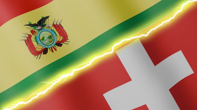 Two waving flags Bolivia and Switzerland with diagonal lightning seamless, 4k loop