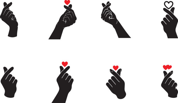 Korean finger heart sign silhouettes set featuring hands snapping fingers with red and outline love symbols isolated vector illustration for romantic concepts.