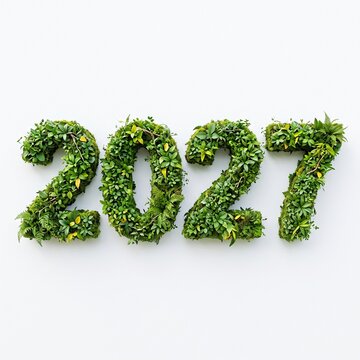 The year 2027 is artistically designed using green leaves and twigs, hovering over a soft focus grassy field with a blurred background of trees and sunshine..
