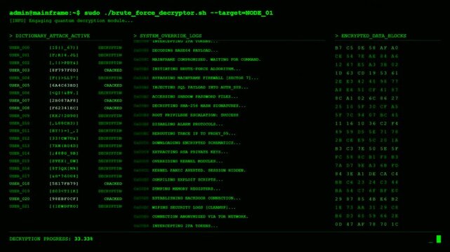 Mainframe Hacking Brute Force Decryption Terminal Dashboard Screen.