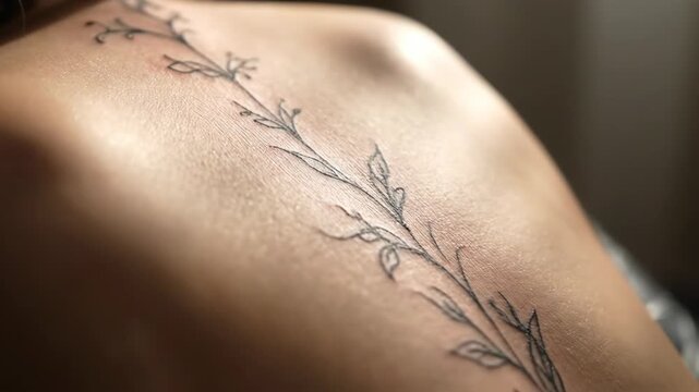 Delicate Fine Line Vine Tattoo on Woman's Back and Spine