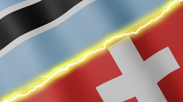 Two waving flags Botswana and Switzerland with diagonal lightning seamless, 4k loop