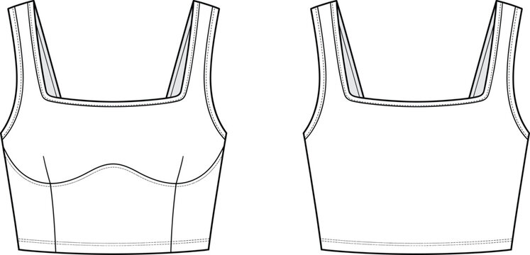 Technical fashion flat sketch of a women's cropped camisole top with square neckline and bustier seam details