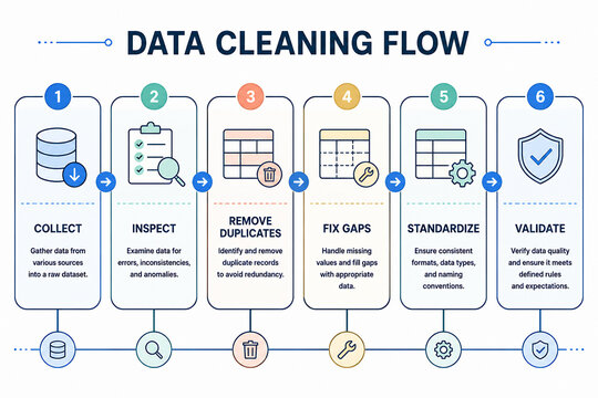 A diagram illustrates a six-step data cleaning flow process from collection to validation.