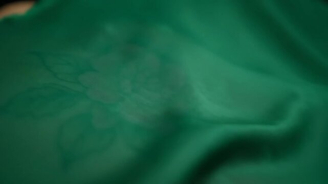 Soft green fabric background with blurred floral rose pattern texture