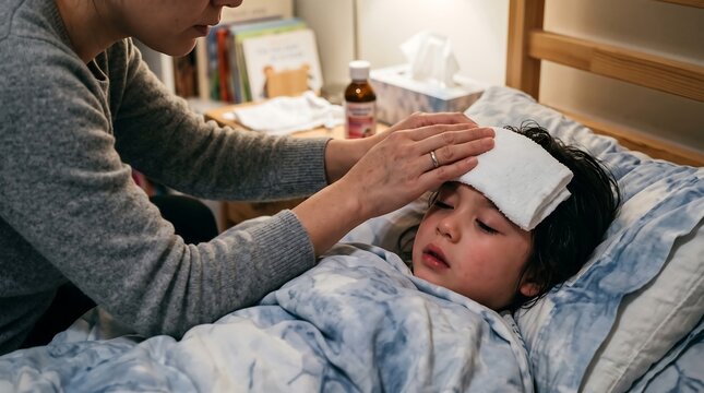 Woman tends to sick child with fever in bed at home
