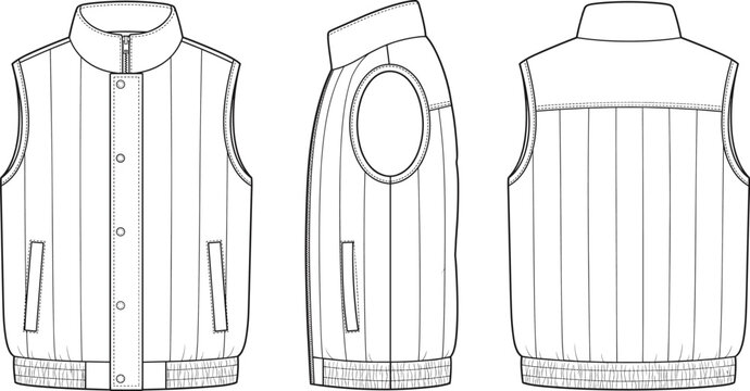 Technical fashion flat sketch of mens padded puffer vest with vertical quilting and snap closure template