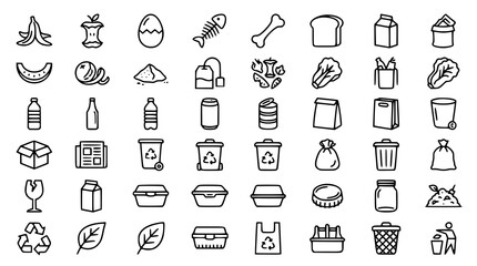 Food Waste and Recycling Outline Icon Set with Organic Waste Compost and Trash Bin Vector Collection © Md