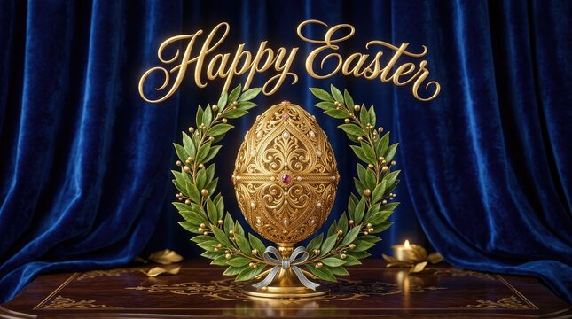 A luxurious image displays the words "Happy Easter" in elegant gold calligraphy above a golden Easter egg adorned with a laurel wreath.