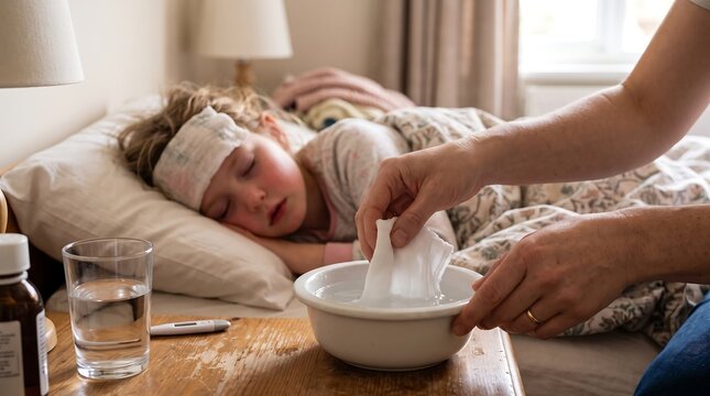 Person is handing tissues to a sick woman lying in bed with a headache.