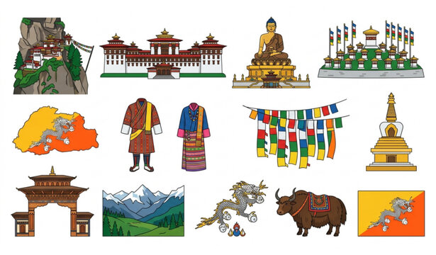 Bhutan Landmark and Cultural Element Collection Flat Travel Vector Illustration Set