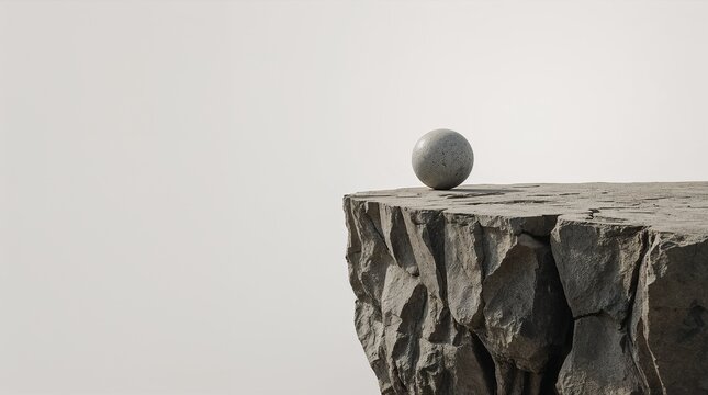 Stone Sphere Balancing on Edge of Rough Rock Cliff Instability Concept