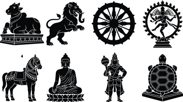 Indian Religious and Mythological Silhouettes Set with Buddha Shiva Nataraja and Sacred Animals Vector Illustration