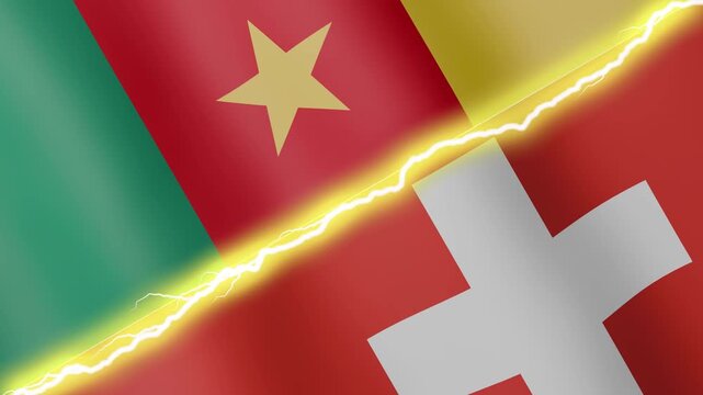 Two waving flags Cameroon and Switzerland with diagonal lightning seamless, 4k loop