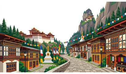 Fototapeta premium Bhutan Street Panorama with Traditional Architecture and Famous Tourist Landmarks Flat Vector Illustration