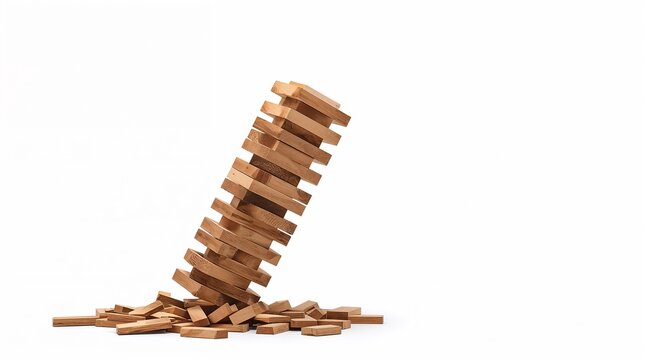 Wooden Block Tower Collapsing on White Background Risk Management Concept