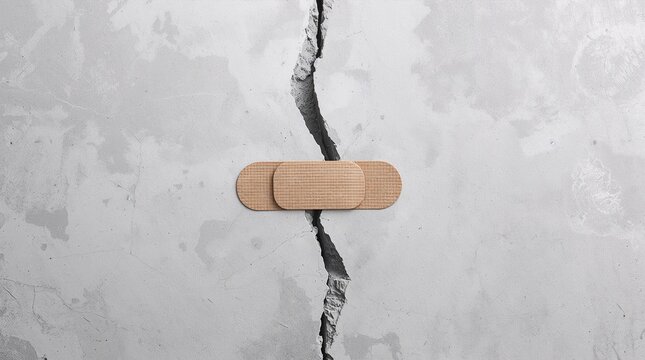Cracked Concrete Wall Repaired with Bandage Temporary Fix Concept