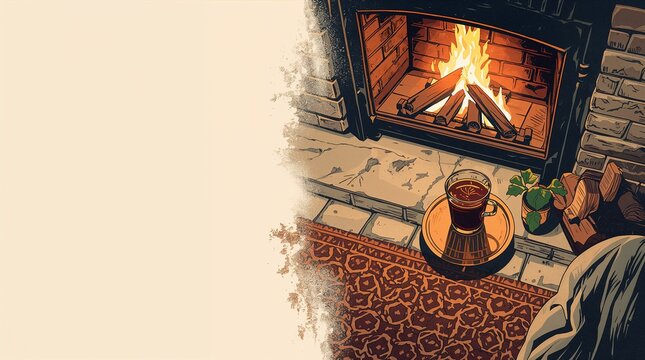 Cozy Fireplace with Hot Tea Cup on Rustic Hearth Warm Comfort Concept