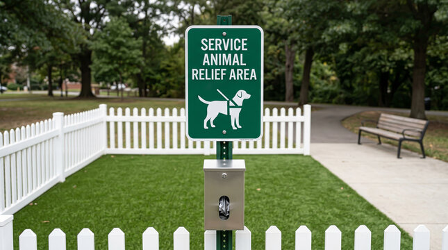 Accessibility infrastructure featuring a dedicated service animal relief area sign and a fenced synthetic turf zone for assistance canine support.