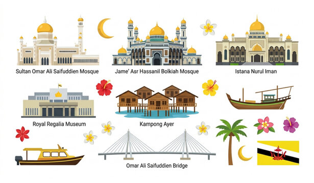 Brunei Landmarks Architecture Building Object Set with Famous Travel Attractions Flat Vector