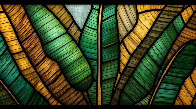 Stained Glass Tropical Banana Leaves Pattern Vibrant Green Gold Art Background