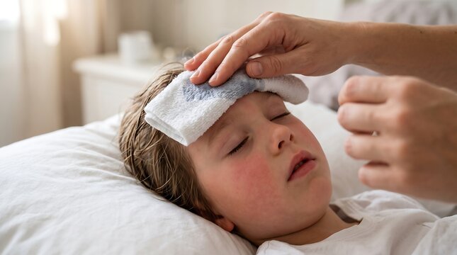 A child lies on a bed with a cold compress on their forehead being tended by an adult's caring hands in a cozy room.