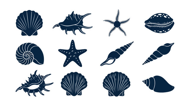 Oceanic seashell vector icon set, dark blue marine life silhouettes, various sea shells and starfish collection, perfect for beach-themed designs and summer branding