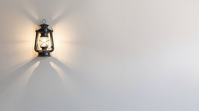 Vintage kerosene lantern glowing on white wall with dramatic shadow pattern copy space