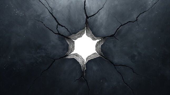 Cracked Dark Stone Wall Bursting Open with Glowing Light Breakthrough Concept