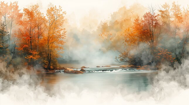 Misty Autumn River with Vibrant Foliage Watercolor Landscape Nature Concept