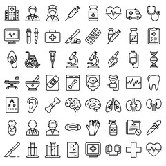 Naklejka premium Medical and healthcare vector line icons set with healthcare hospital medicine