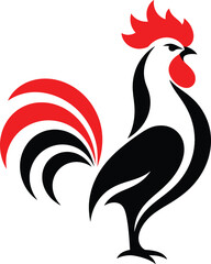 Rooster logo design featuring a proud red and black cockerel vector illustration, isolated on white as a powerful brand identity mascot or farm poultry symbol. © Imran