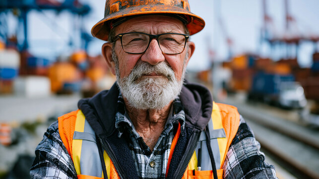 elderly longshoreman in worn safety gear standing alone before a vast idle container yard during a port work stoppage, decades of labor history written in his stance, desolate economic atmosphere, w