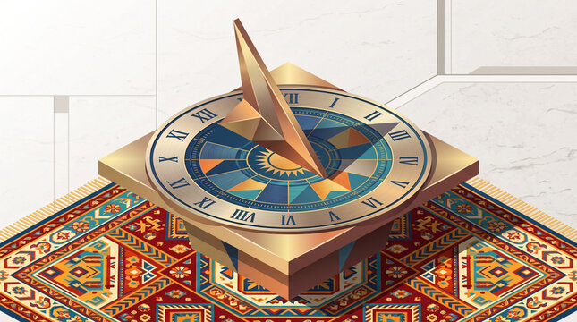 Geometric Sundial Illustration on Colorful Patterned Rug Vector