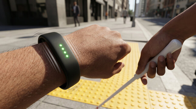 Focusing on the microscopic glowing green indicators of a haptic navigation bracelet worn by a visually impaired person on a city sidewalk.