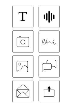 Modern outline app icon collection including text, audio, image, chat, email and upload symbols. Clean vector icons for web, mobile, software interfaces. PNG set isolated on transparent background