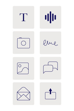 Minimal app interface icon set featuring text, voice, image, chat, email, photo, share symbols. Modern vector icons for web, mobile and UI design. PNG set isolated on transparent background