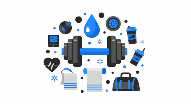 Modern Fitness and Bodybuilding Icon Set Illustration with Dumbbell, Gym Bag, Protein Shaker, and Health Gear in Flat Style on White Background