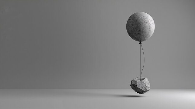 Stone Balloon Lifting Heavy Rock Floating Mid Air Gravity Concept Gray Background