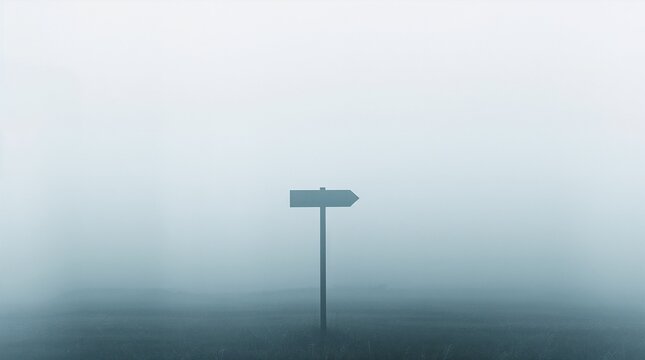 Blank Arrow Sign Post Standing in Dense Misty Fog Direction Concept