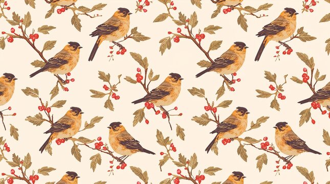 Vintage Birds on Berry Branches Seamless Pattern Botanical Background