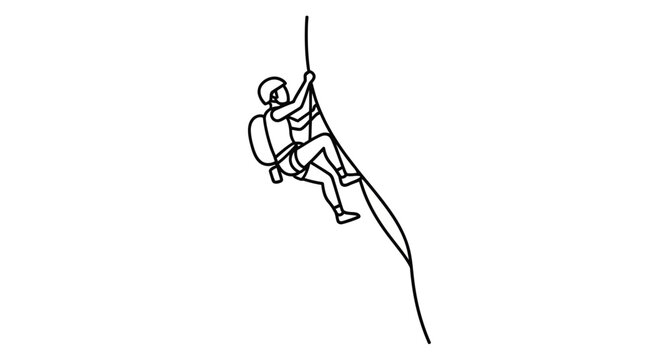Minimalist Line Art of Person Climbing Steep Rock Face with Rope and Backpack