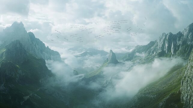A tranquil scene of misty mountains with floating verses of poetry written in the clouds
